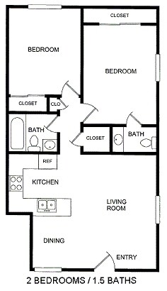 2 Beds, 1.5 Baths Model floor plan